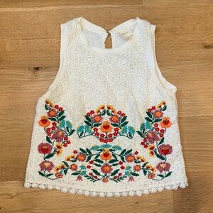 Anthropologie Maeve floral Embroidered white Lace Tank Top dress shirt size smal